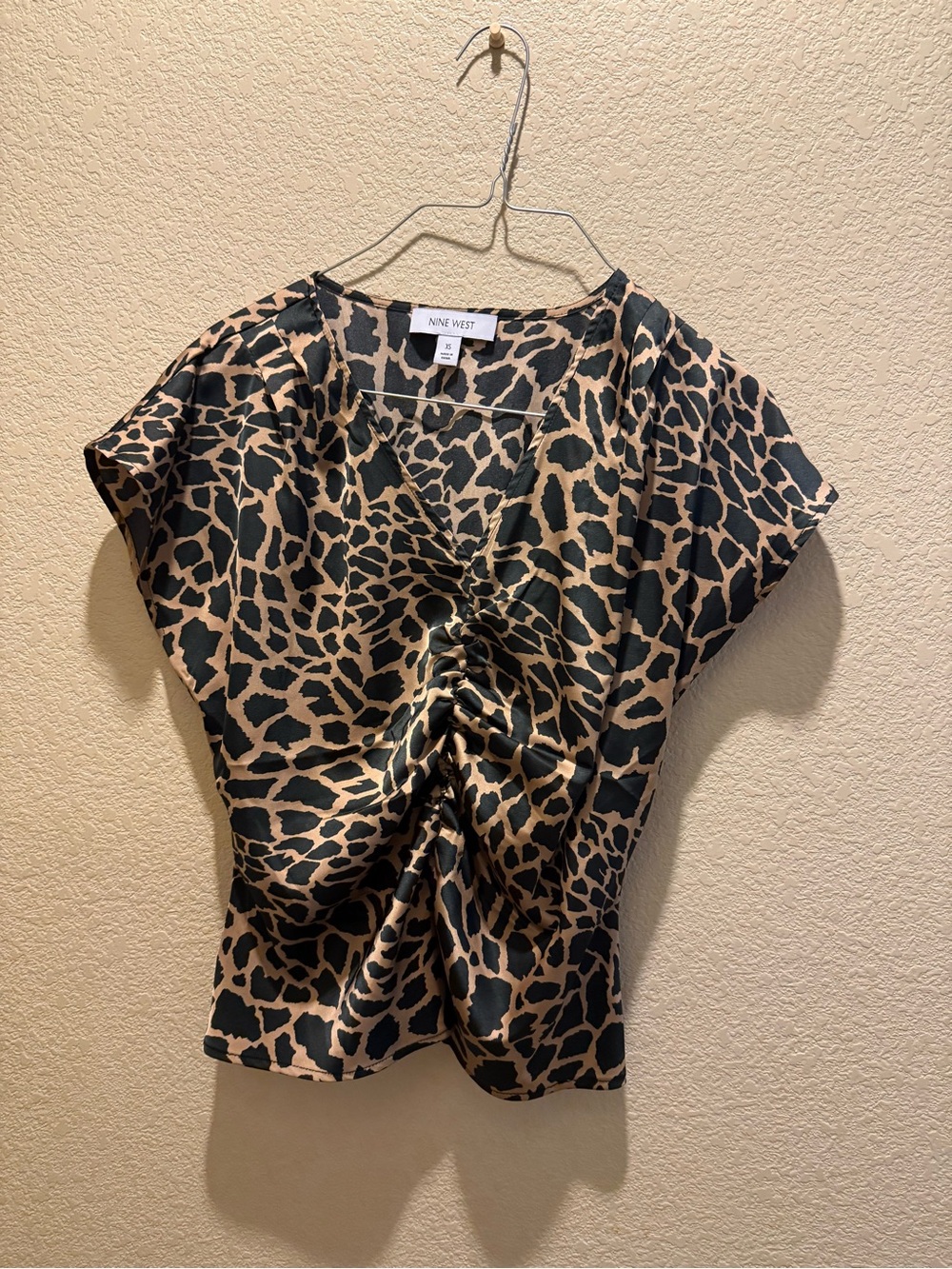 Nine West Black and Tan Animal Print Ruched V-Neck Blouse